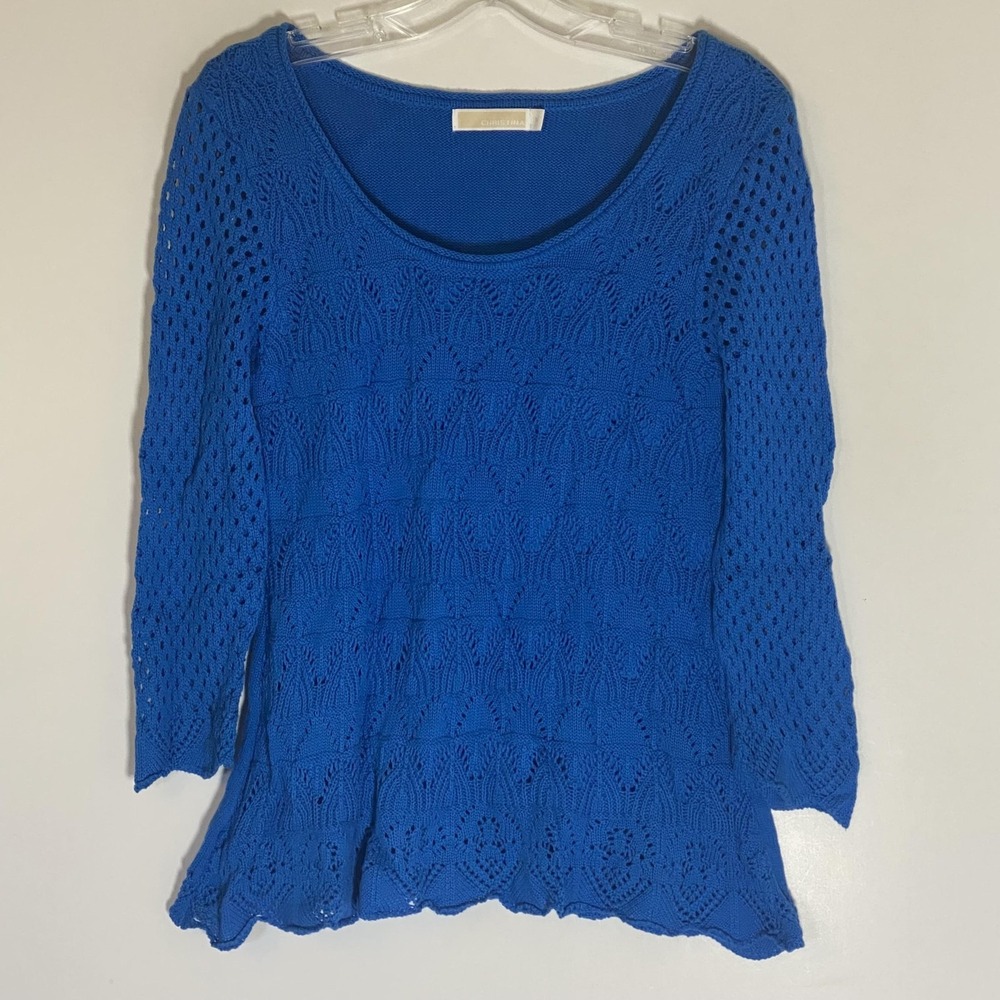 Christina‎ Sweater Womens Medium Blue Open Knit Scoop Neck Lined Long Sleeve